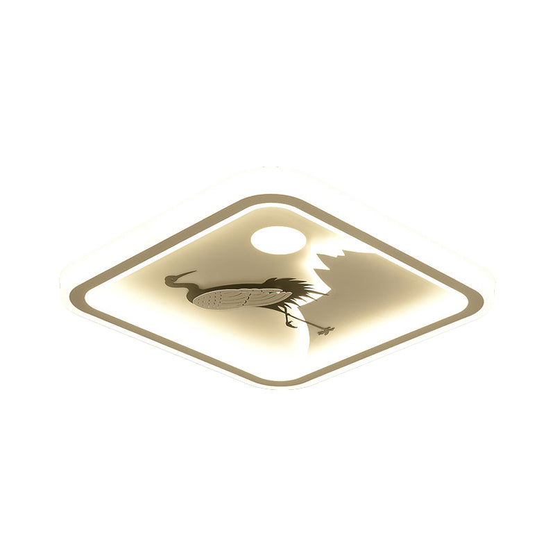 Modern Acrylic Led Ceiling Fixture: Square/Round Flush Mount With White Finish And Bird/Tree Pattern