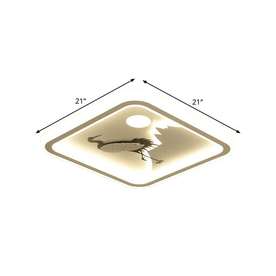 Modern Acrylic Led Ceiling Fixture: Square/Round Flush Mount With White Finish And Bird/Tree Pattern