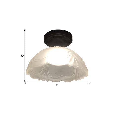 Country Style Ribbed Clear Glass Flower Flush Mount Light Fixture With Black Single Bulb Ceiling