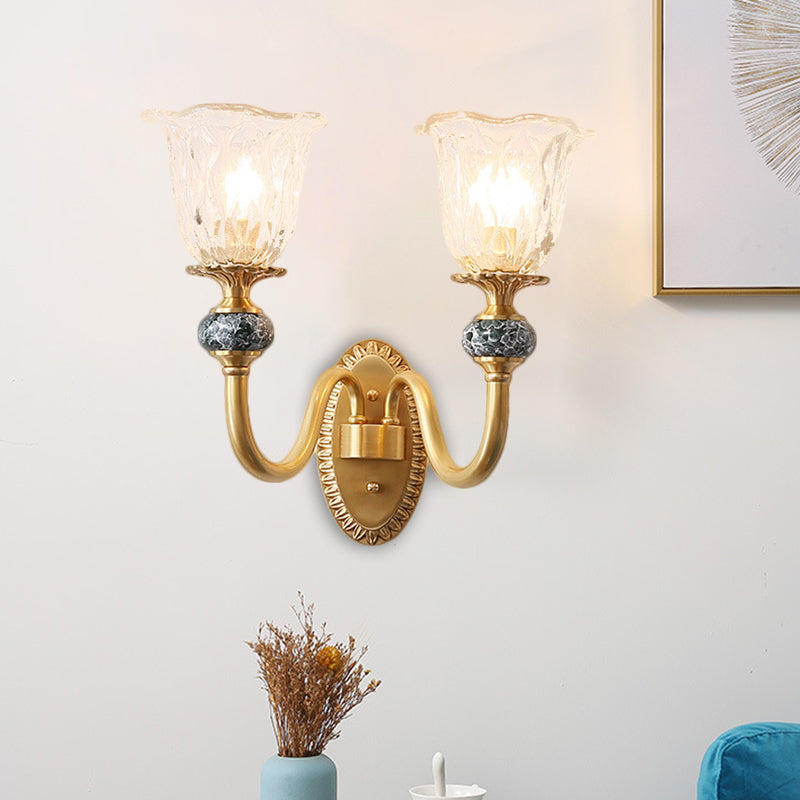 Classic Brass Floral Wall Sconce With Clear Ribbed Glass And Swooping Arm - 1/2-Head Mount Lamp 2 /