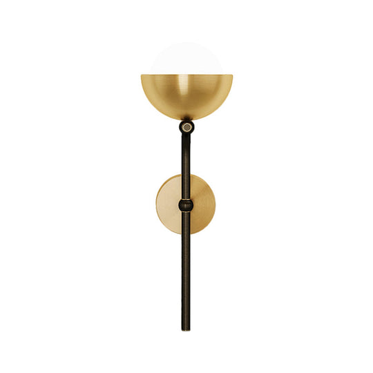 Metallic Hemisphere Wall Sconce With Orb White Glass Shade In Brass/Black And Gold - Traditional