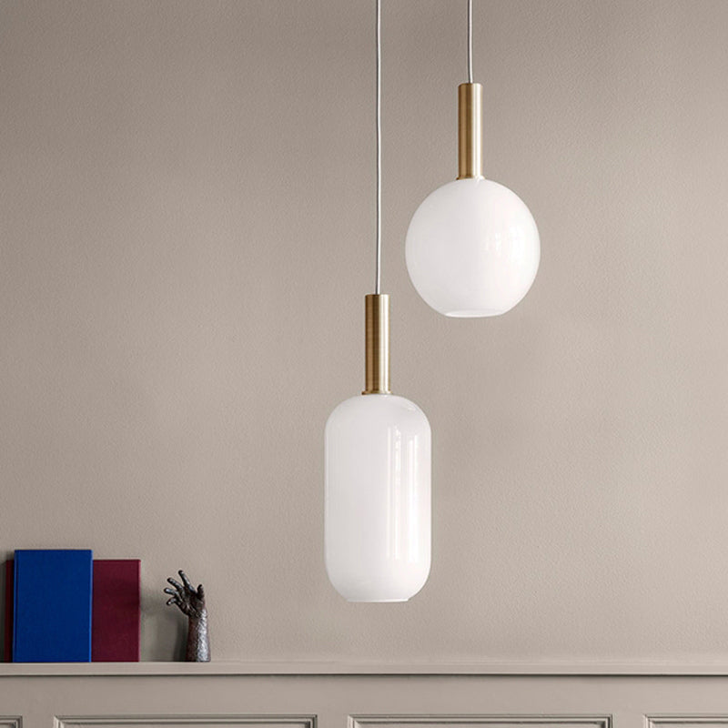 Modern White Glass Pendant Light With Brass Led: Globe/Ellipsoid/Dome Design