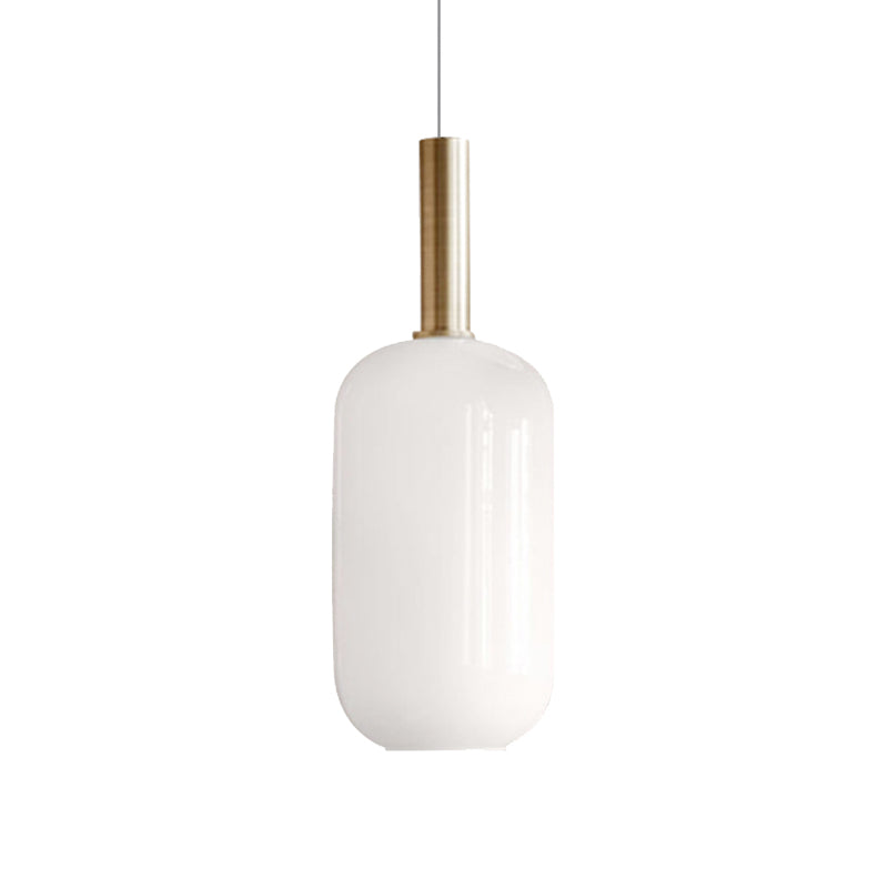 Modern White Glass Pendant Light With Brass Led: Globe/Ellipsoid/Dome Design