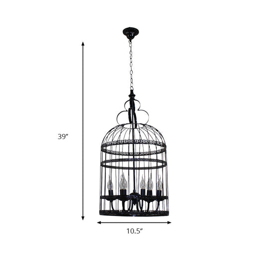 Industrial Style Bird Cage Hanging Light With Candle - Black Metallic Chandelier Lamp For Bedroom