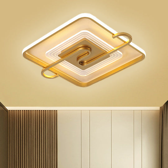 16.5’/20.5’ Gold Metal Led Square Parlor Flushmount: Contemporary Close To Ceiling Lamp With