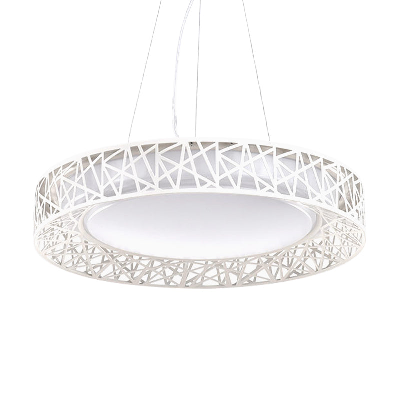 Nordic Metal Led Drum Pendant Light With Hollow Design 12’/15’/19’ Wide In White/Warm/Natural