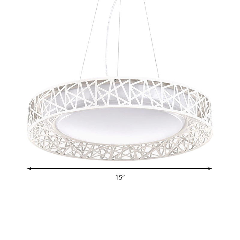 Nordic Metal Led Drum Pendant Light With Hollow Design 12’/15’/19’ Wide In White/Warm/Natural