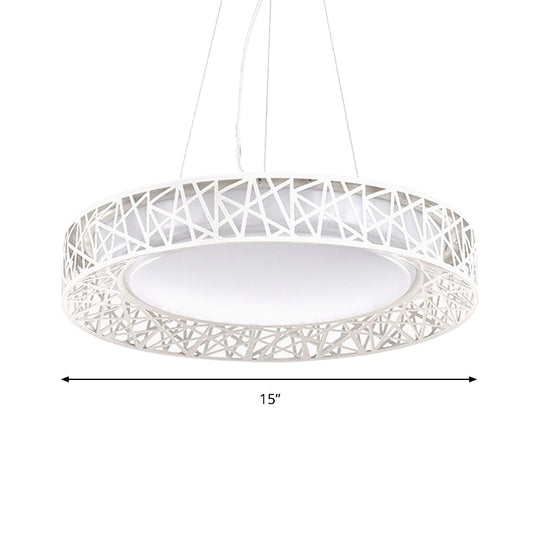 Nordic Metal Led Drum Pendant Light With Hollow Design 12’/15’/19’ Wide In White/Warm/Natural