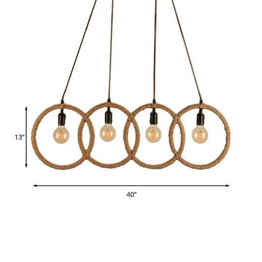 Black Finish Lodge Style Four-Ring Pendant Light With Manila Rope - 4 Lights For Coffee Shop