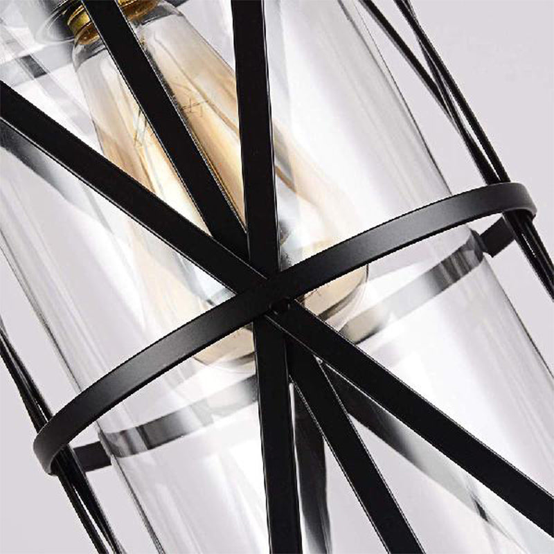 Cylinder Glass Pendant Light In Black With Industrial Iron Frame
