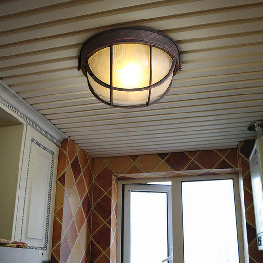 Rustic Ribbed Glass Dome Ceiling Light Fixture With Cage - Single Flush Mount Rust