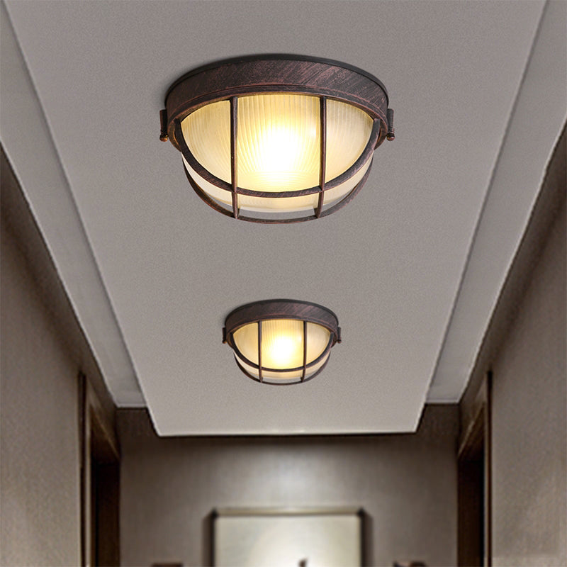 Rustic Ribbed Glass Dome Ceiling Light Fixture With Cage - Single Flush Mount