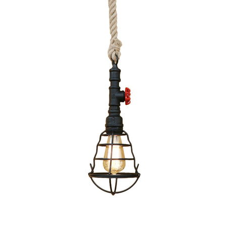 Bar Pendant Light - Vintage Caged Metal Hanging Lamp With Pipe And Rope Cord Black Finish