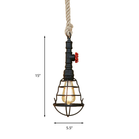 Bar Pendant Light - Vintage Caged Metal Hanging Lamp With Pipe And Rope Cord Black Finish