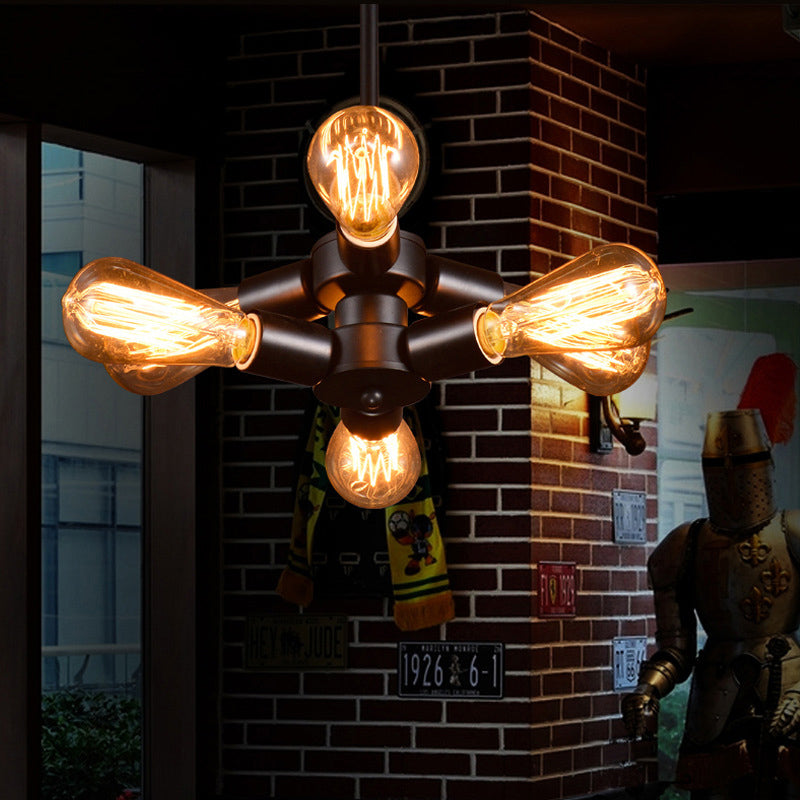 Vintage Black Finish Metal Bare Bulb Chandelier With Hanging Rod - 3/4/5 Lights For Bar