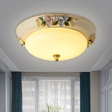 Retro Style Led Ceiling Fixture: 12/14 Wide Bowl Shape Milky Glass Flush Mount With Blossom Decor -