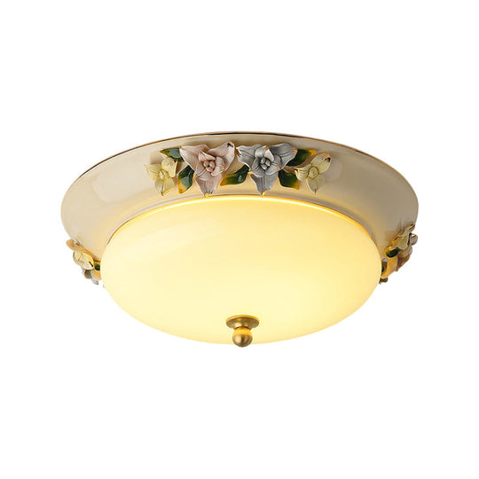 Retro Style Led Ceiling Fixture: 12/14 Wide Bowl Shape Milky Glass Flush Mount With Blossom Decor -