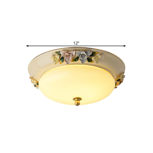 Retro Style Led Ceiling Fixture: 12’/14’ Wide Bowl Shape Milky Glass Flush Mount With Blossom