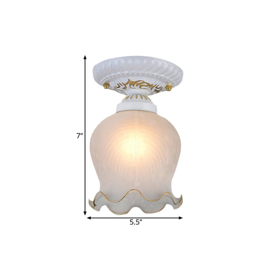 Countryside Scalloped Ceiling Flush Light Fixture In White - Ribbed Opal Glass 1 Bulb