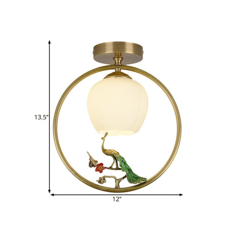 Rustic Opal Glass & Brass Ceiling Lamp With Peacock Decor