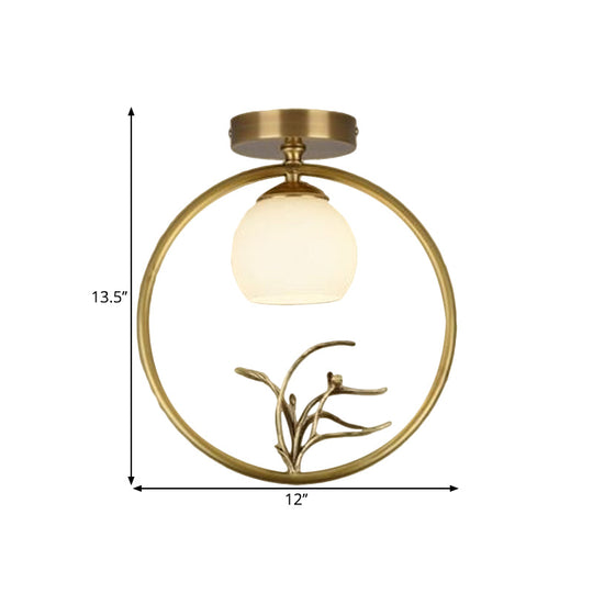 Rustic Opal Glass & Brass Ceiling Lamp With Peacock Decor