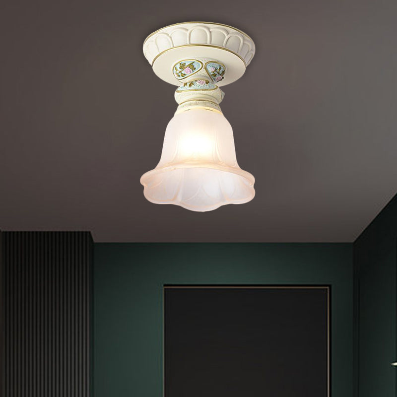 Vintage Floral Flush Ceiling Light With White Opaline Glass And Carving Pattern Blue
