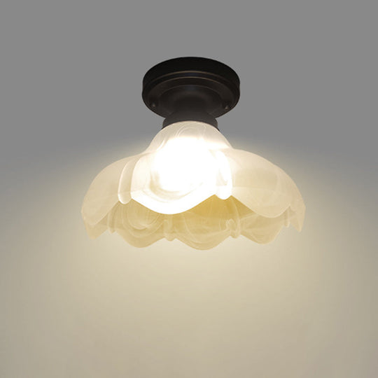 Countryside Flower Ribbed Glass Flush Mount Ceiling Fixture - Single Head White With Black Finish