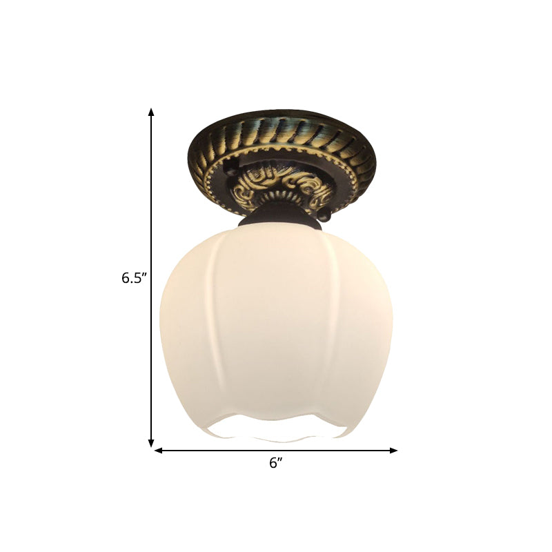 Country Blossom Flush Mount Ceiling Lighting - Single Bulb Milky Glass In Brown