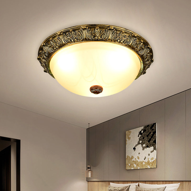 Dome Shaped Rustic Flush Mount Lighting With Opaline Glass In White/Brass - Available