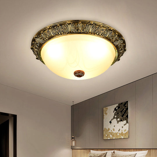 Dome Shaped Rustic Flush Mount Lighting With Opaline Glass In White/Brass - Available