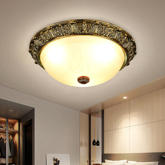 Dome Shaped Rustic Flush Mount Lighting With Opaline Glass In White/Brass - Available 11/15/19 Sizes