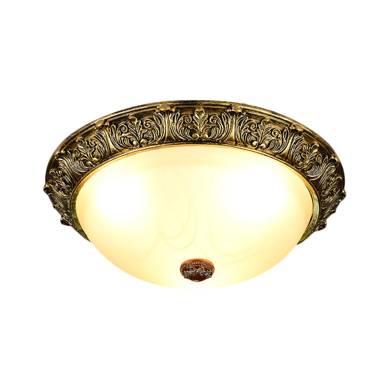 Dome Shaped Rustic Flush Mount Lighting With Opaline Glass In White/Brass - Available 11/15/19 Sizes