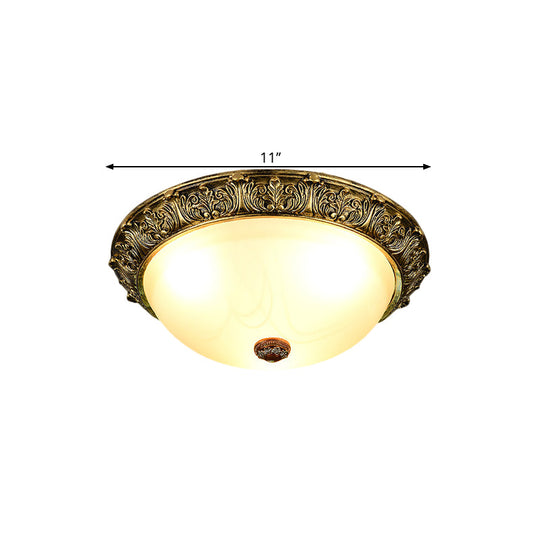 Dome Shaped Rustic Flush Mount Lighting With Opaline Glass In White/Brass - Available