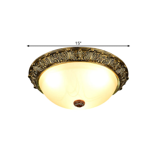 Dome Shaped Rustic Flush Mount Lighting With Opaline Glass In White/Brass - Available