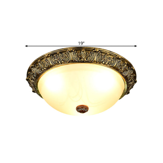 Dome Shaped Rustic Flush Mount Lighting With Opaline Glass In White/Brass - Available