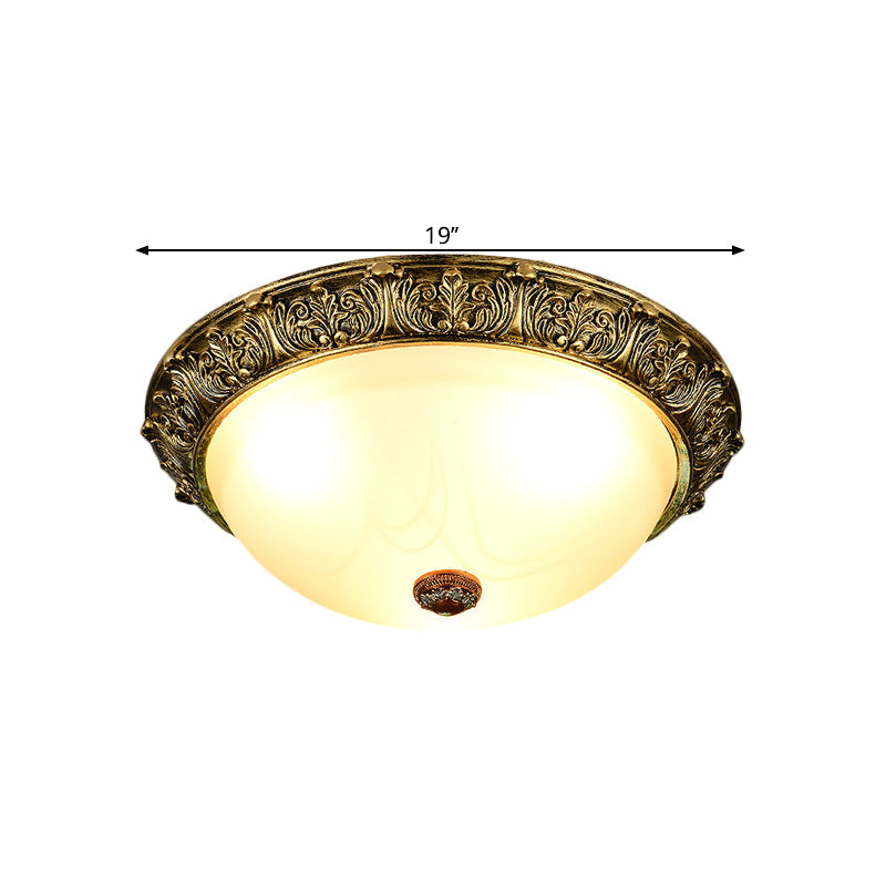 Dome Shaped Rustic Flush Mount Lighting With Opaline Glass In White/Brass - Available 11/15/19 Sizes