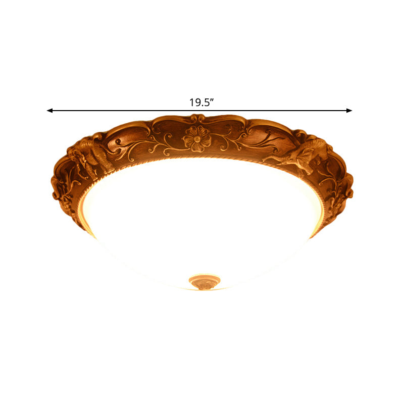 Rustic Opaline Glass Flush Lamp With Elephant Trim And Carving Flower - 16’/19.5’ W 3 - Bulb