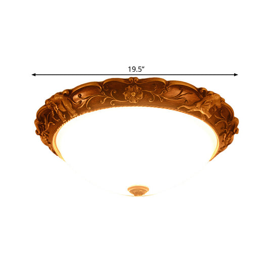 Rustic Opaline Glass Flush Lamp With Elephant Trim And Carving Flower - 16’/19.5’ W 3 - Bulb