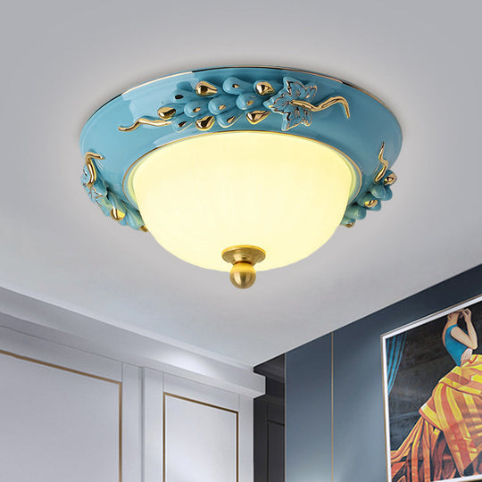 12’/14’ Blue Led Ceiling Flush Mount With Antiqued Opal Glass Floral Design Warm/White Light