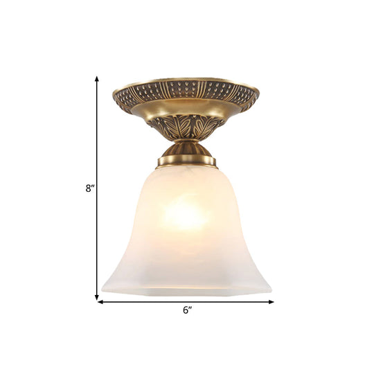 Country Flush Mount Frosted Glass Single Head Bell Shape Ceiling Light With Brass Finish