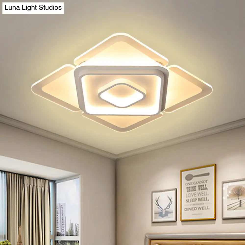 16’/19.5’ Led Flush Bedroom Lamp - Contemporary White Square Acrylic Shade In White/Warm Light