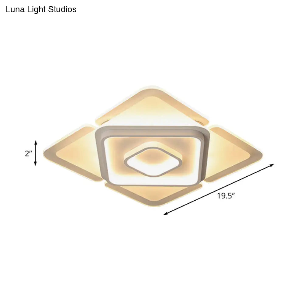 16’/19.5’ Led Flush Bedroom Lamp - Contemporary White Square Acrylic Shade In White/Warm Light
