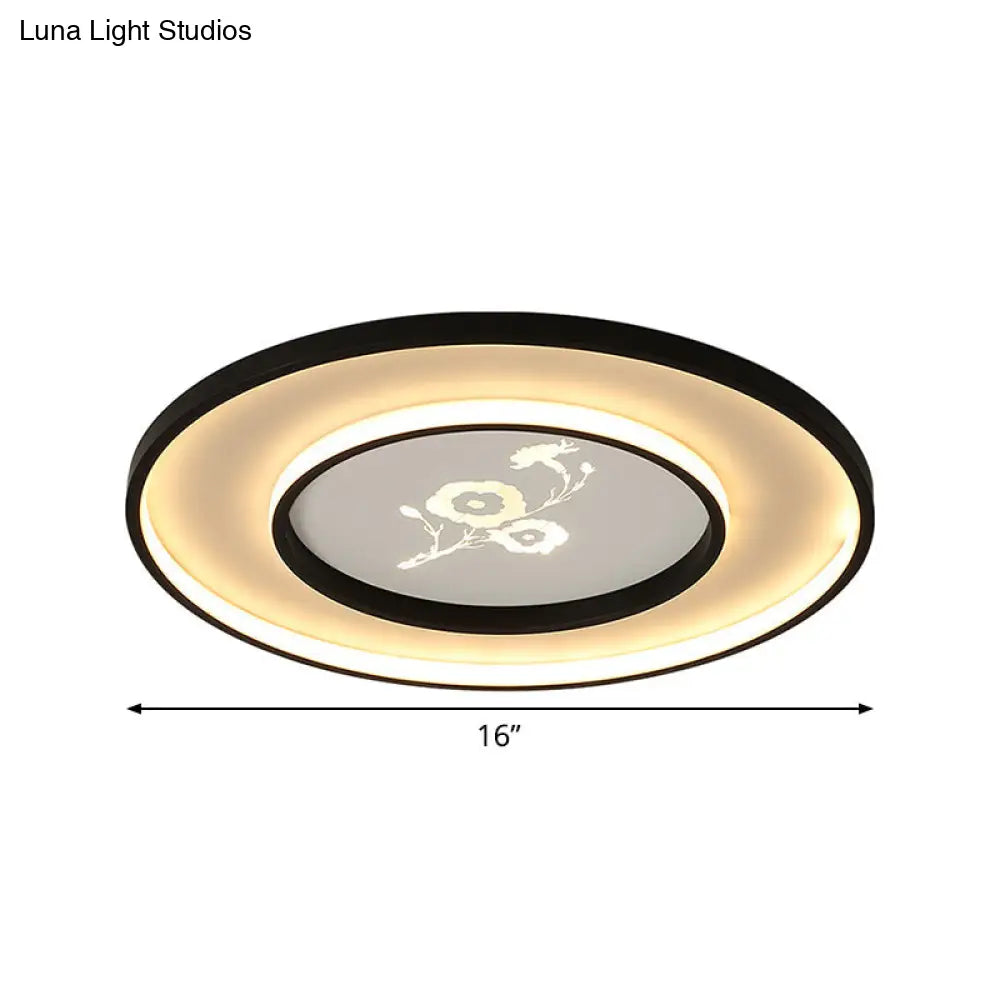 16/19.5 Modern Round Flush Mount Acrylic Led Ceiling Light Fixture In Black With Flower Pattern