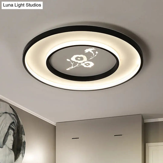 16/19.5 Modern Round Flush Mount Acrylic Led Ceiling Light Fixture In Black With Flower Pattern