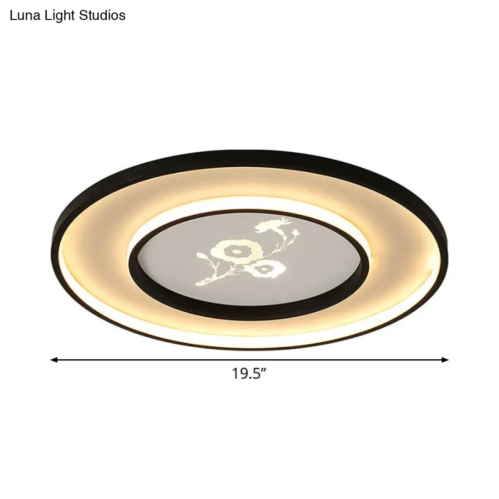 16/19.5 Modern Round Flush Mount Acrylic Led Ceiling Light Fixture In Black With Flower Pattern