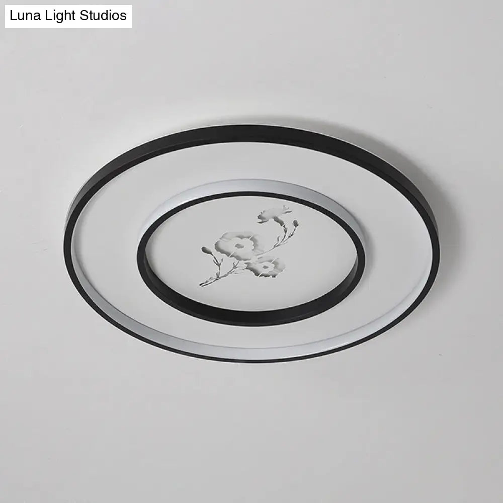 16/19.5 Modern Round Flush Mount Acrylic Led Ceiling Light Fixture In Black With Flower Pattern