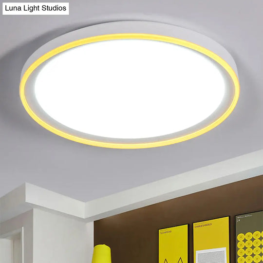 16/19.5 Nordic Metal Round Flush Light With Acrylic Shade - White/Pink/Yellow Led Ceiling Fixture