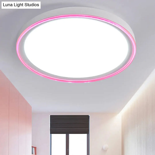 16/19.5 Nordic Metal Round Flush Light With Acrylic Shade - White/Pink/Yellow Led Ceiling Fixture