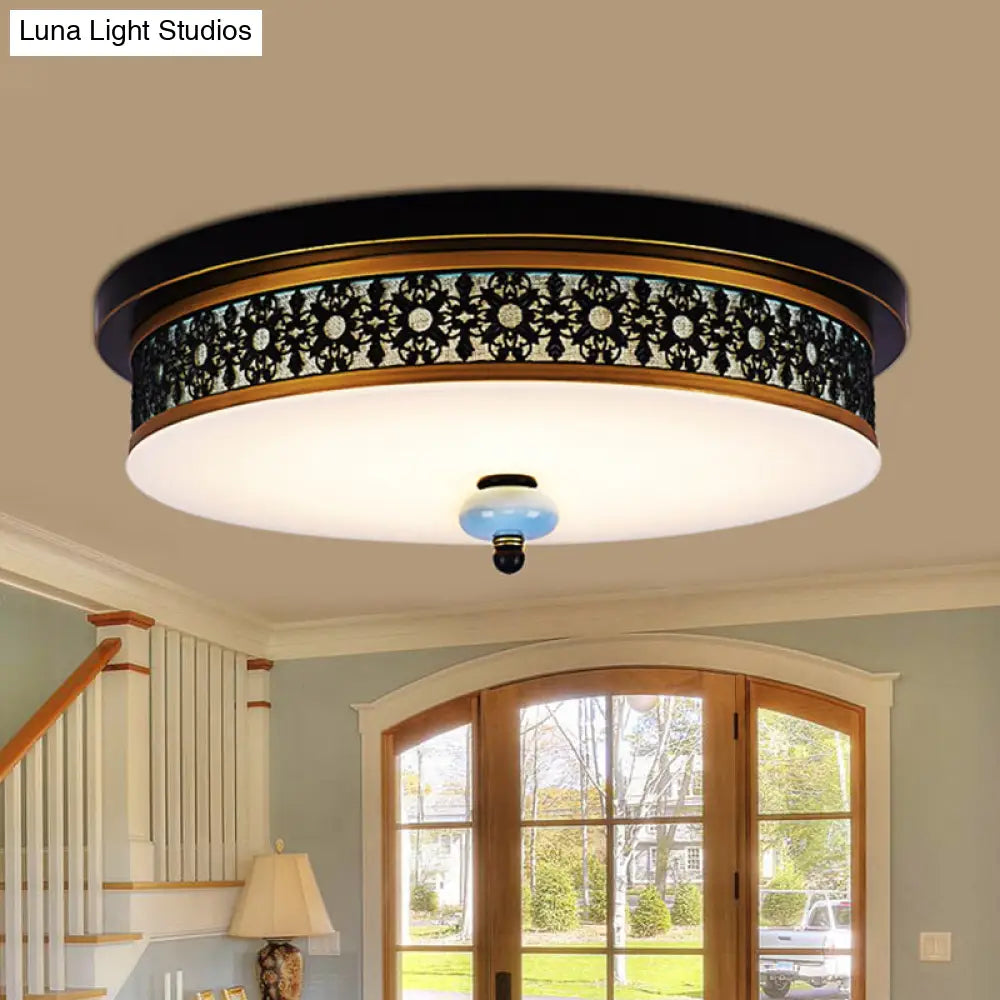 16 - 19.5 W Led Flush Mount Ceiling Light Fixture | Black-Gold Opal Glass Drum Dining Hall