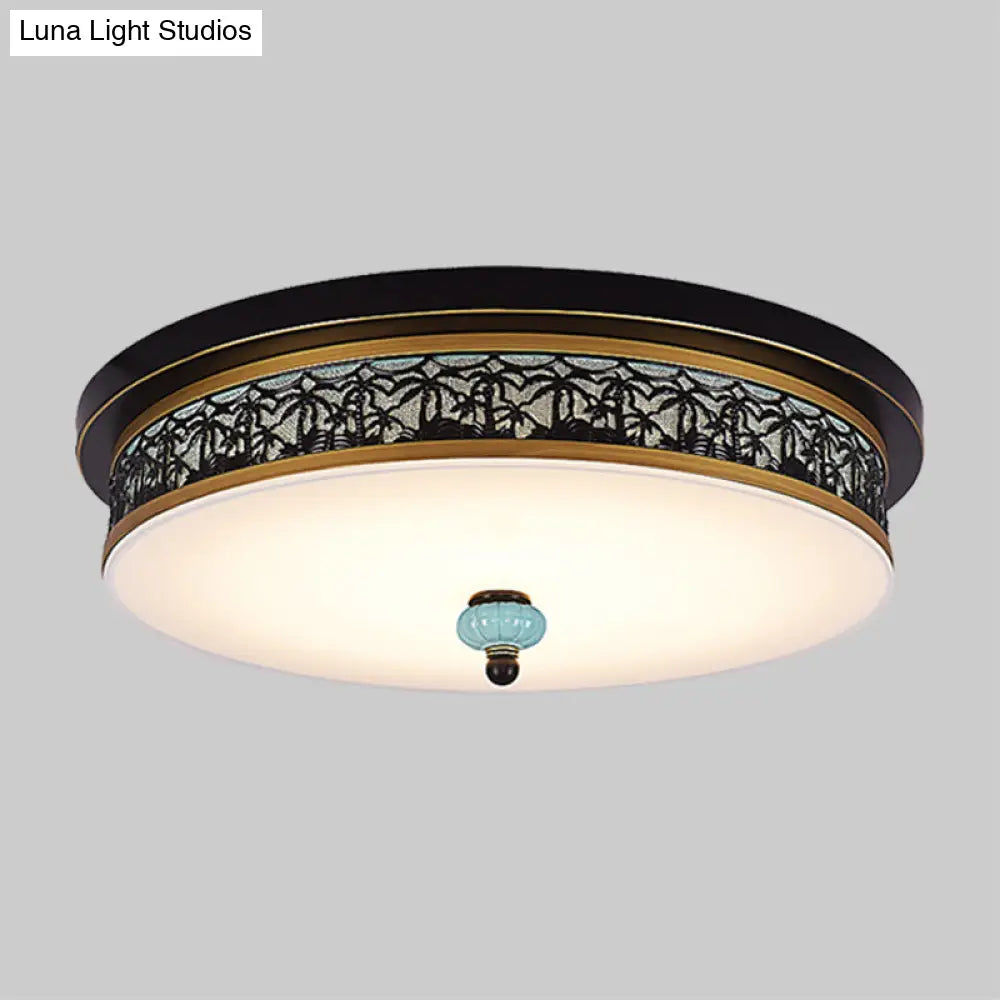 16’ - 19.5’ W Led Flush Mount Ceiling Light Fixture | Black - Gold Opal Glass Drum Dining Hall